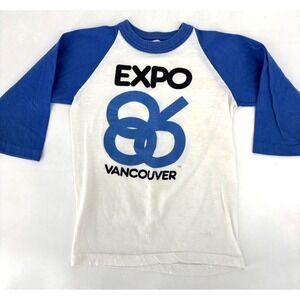 Vintage 1986 Expo 86 Vancouver Canada Youth 5/6 White Blue Raglan T Shirt